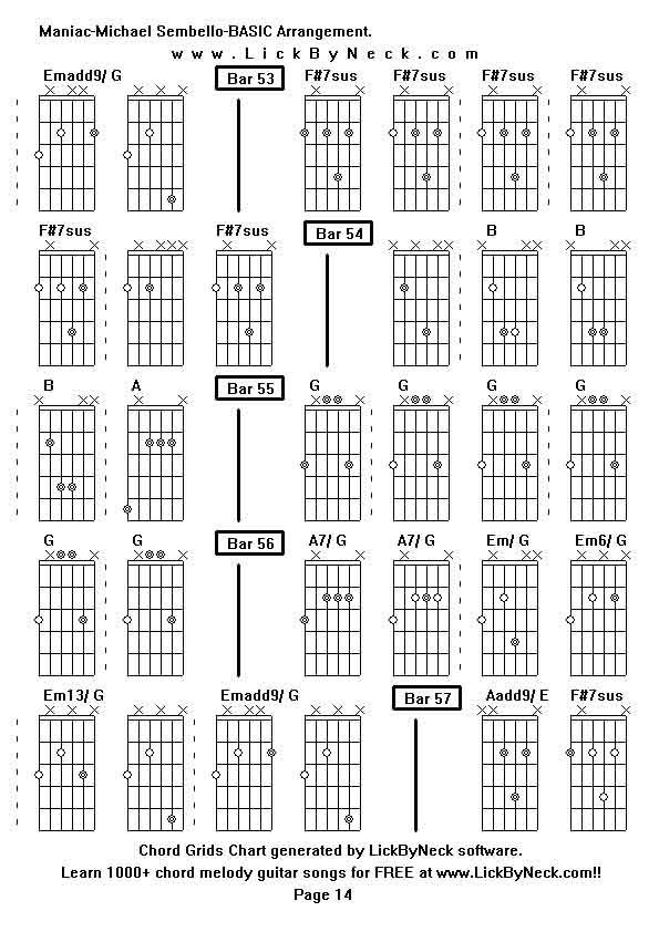 Chord Grids Chart of chord melody fingerstyle guitar song-Maniac-Michael Sembello-BASIC Arrangement,generated by LickByNeck software.